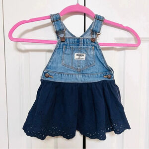Osh Kosh Denim Vestbak Blue Eyelet Lined Ruffle Overalls Dress 18 Mo